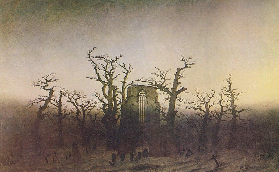 Romantic painting: a ruined abbey and Gothic window framed by dead oaks in mist, a funeral cortege below.