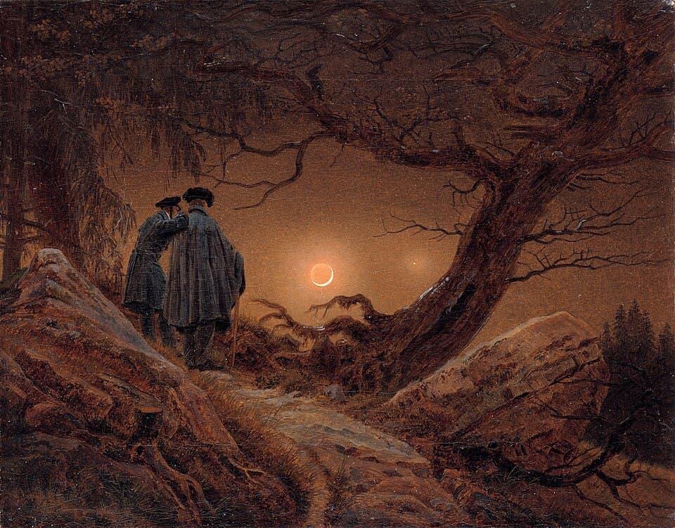 Romantic painting: two cloaked wanderers beneath a gnarled oak, watching a crescent moon rise in amber dusk.