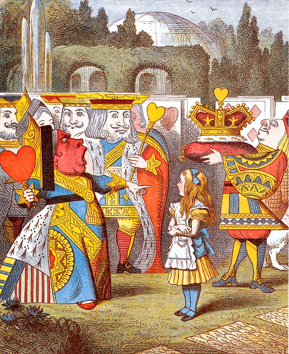 Chromolithograph after Tenniel: the Queen of Hearts pointing at Alice among card-soldiers under garden arches.