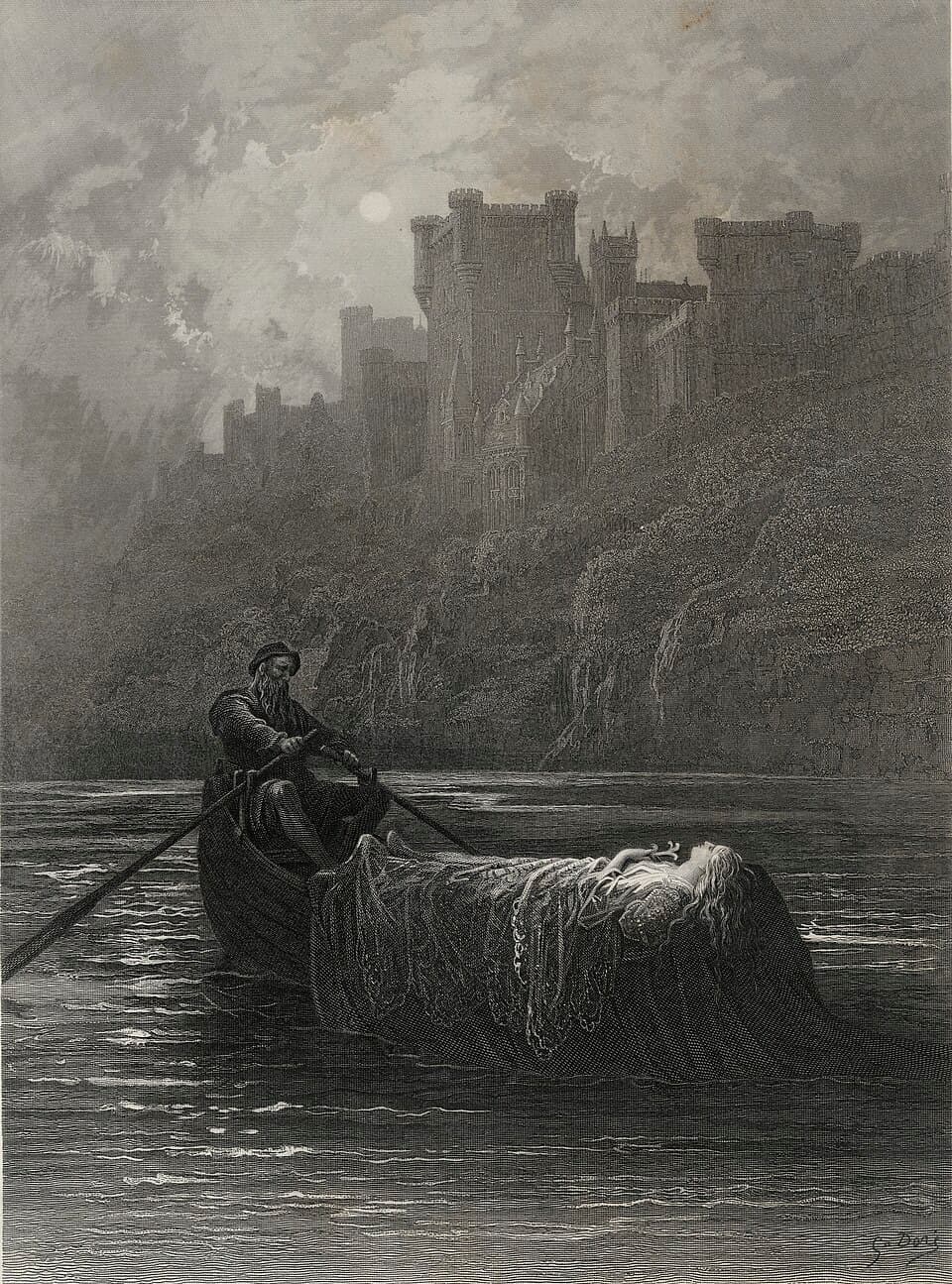 Engraving after Doré: a barge with a veiled bier drifts before a moonlit castle of towering spires.